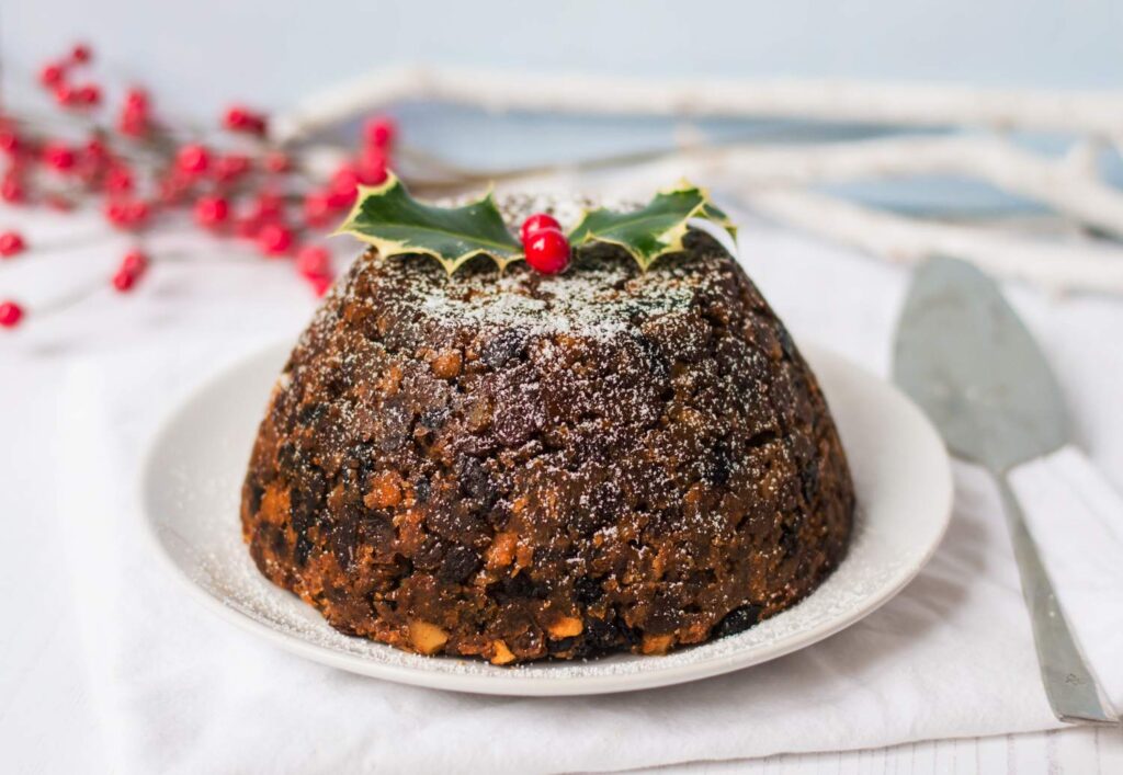Decorated British Christmas pudding 
